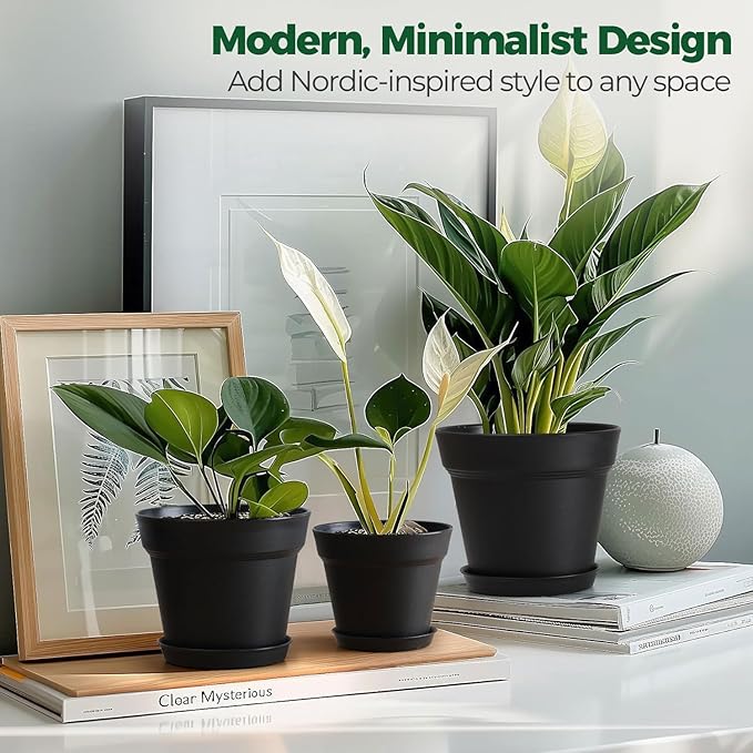 T4U 5 Inch Plant Pot 8-Pack, Plastic Pots with Drainage Hole and Saucer, Decorative Flower Pots Bulk for African Violet, Snake Plant, Succulent and All House Plants Indoor (8pcs 5" Pots, Black)