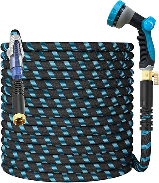 100Ft Non-Expandable Garden Hose, Flexible Water Hose with 10-Pattern Spray Nozzle, Lightweight Hose Pipe, Kink-Free, Leak-Proof, 3/4" Solid Metal Fittings
