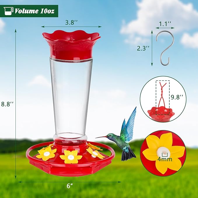 Glass Hummingbird Feeders for Outdoors Hanging Ant and Bee Proof Clear 10 OZ 2 Pack Bird Feeders for Outside Hanging 6 Feeding Stations Bird Nectar Feeder for Garden Yard Décor Gifts for Mom