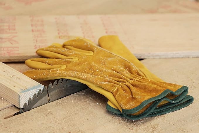 OZERO Leather Work Gloves Flex Grip Tough Cowhide Gardening Glove for Wood Cutting/Construction/Truck Driving/Garden/Yard Working for Men and Women 1 Pair (Gold,X-Large)