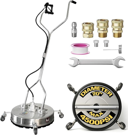 EDOU Direct 20 Inch Pressure Washer Surface Cleaner - Dual Handle Concrete Cleaner, Wheels - Driveway Pressure Washer Attachment, 4,500 PSI Max - Includes Quick Connector Kit - Silver