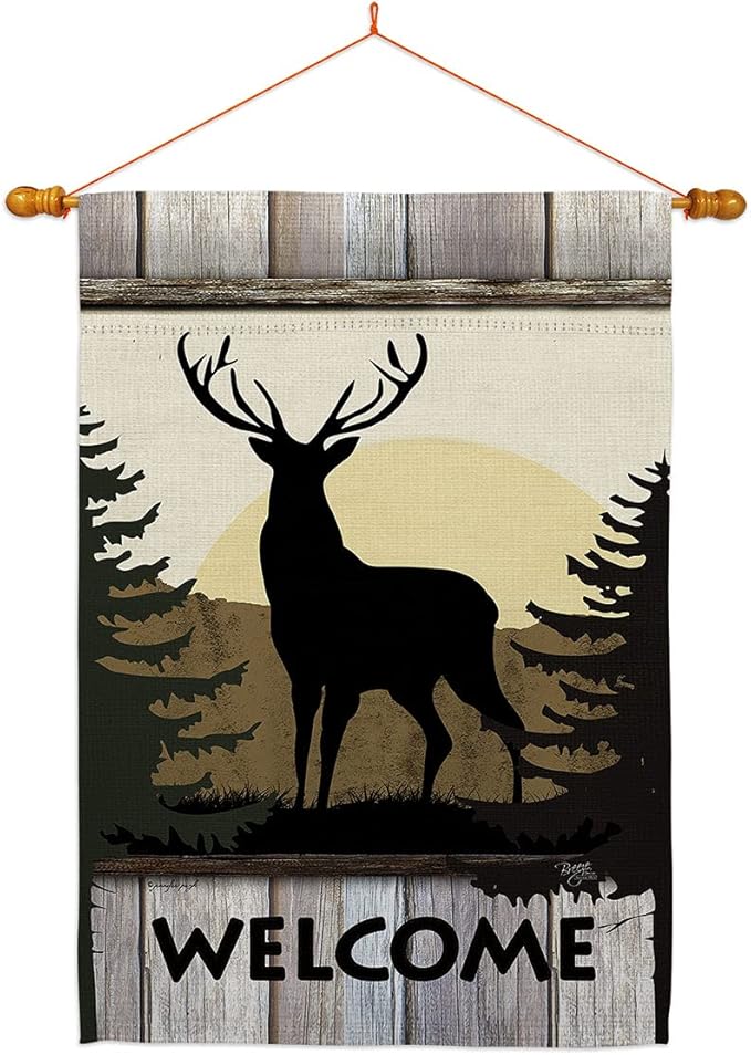Welcome Deer House Flag Dowel Set Animals Wildlife Outdoor Bear Wolf Pet Nature Farm Animal Creature Small Decorative Gift Yard Banner Double-Sided Made In USA 28 X 40