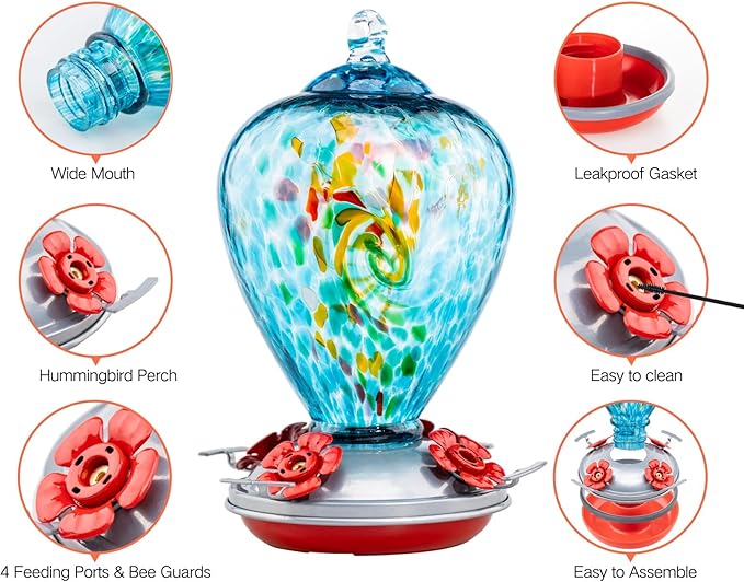 Muse Garden Hummingbird Feeders for Outdoors Hanging, Blown Glass Hummingbird Feeder Unique Gifts for Women, Containing Ant Moat, Garden Decor, 34 Ounces, Blue Chatoyant
