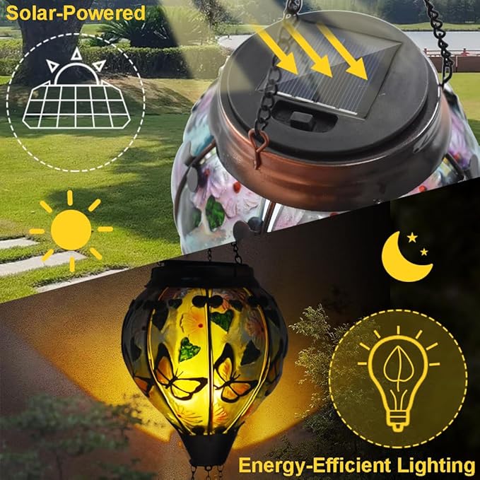 Hot Air Balloon Solar Lantern with Flickering Flame, Glass Hanging Garden Lights Outdoor Waterproof for Tree Yard Patio Mother's Day Gift, 18" H Butterfly