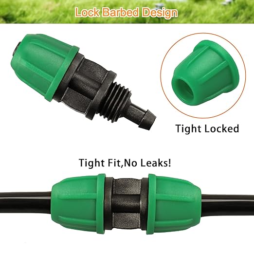 Drip Irrigation Fittings Kit for 1/4" Tubing, 65 Pcs Drip Line Lock Barbed Connectors for Drip Systems - 18 Couplings, 15 Tees, 12 End Caps,1 0 Elbows, 5 Cross Connectors, 5 Misters Nozzles