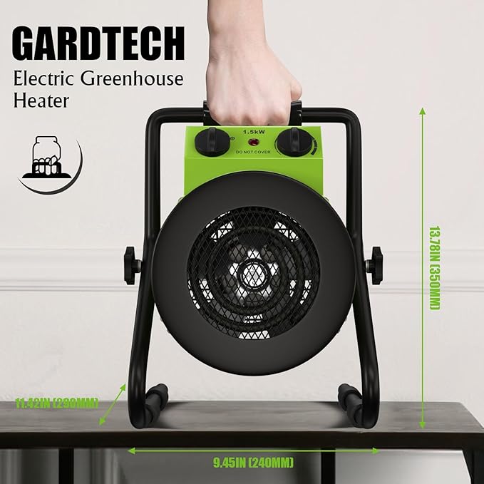 Gardtech Greenhouse Heater with Digital Thermostat, 1500W Portable Outdoor Heater with Overheat Protection, Grow Tent Heaters [Stronger air volume] Fast Heating for Patio, Garage, Flower House(Green)