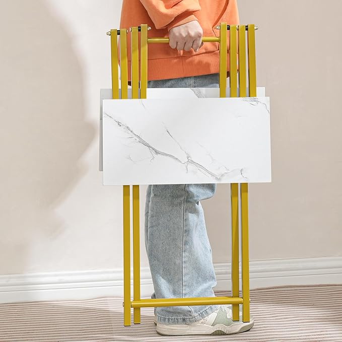 HOOBRO Folding TV Tray Table, Wooden TV Tray, Portable Sofa Side Snack Table, Industrial Desk for Small Spaces, Space-Saving, Easy to Install and Fold, Marble and Gold DM27BZ01