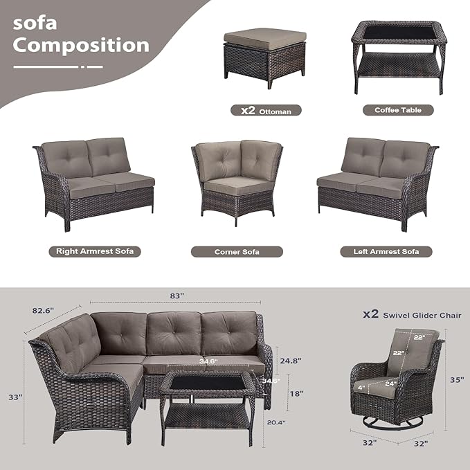 HUMMUH 8 Piece Patio Furniture PE Wikcer Outdoor Furniture Set with Sectional Sofa Swivel Patio Chairs Ottomans and Glass Coffee Table for Yard,Garden,Lawn