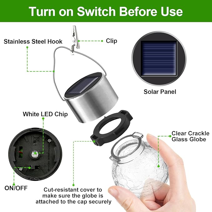 Solar Lights Outdoor Hanging Decorative Globe 24 Pack, Waterproof Solar Lantern with Handle and Clip, Solar Powered Glass Ball Lights for Garden Yard Fence Tree Umbrella Holiday Décor, Cold White