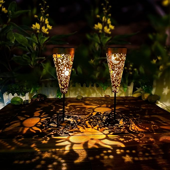 DIBIEECN 4 Pack Sun and Moon Solar Garden Pathway Lights Outdoor,Metal Garden Decorations Outdoor Lights with Patterns and Warm Light,Waterproof Landscape Lighting for Path Patio Backyard Yard