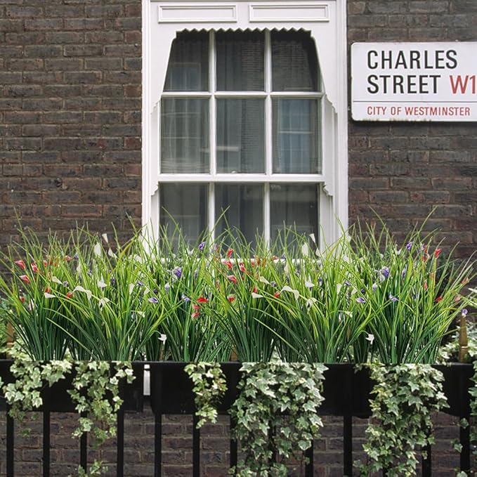 Melorca&Guilla Artificial Plants Outdoor 6PCS 23“ Fake Tall Grass,Fake Outdoor Plants,Faux Plants with Flowers for Garden Porch Window Box Shop Office Home Décor