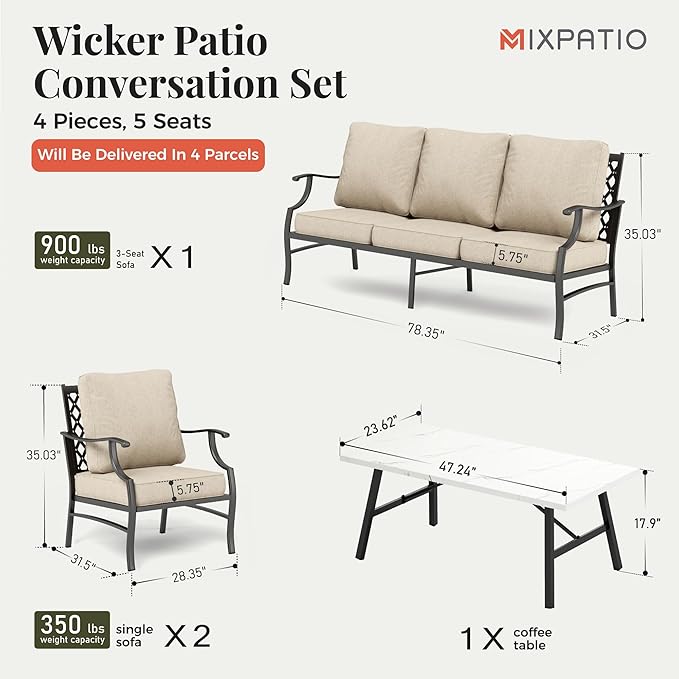 Patio Furniture Set 4 pcs, Metal Outdoor Patio Furniture, 3-Seat Sofa, 2 Single Chairs, Metal Coffee Table and 5.75" Extra Thick Cushion, Patio Conversation Set,Beige
