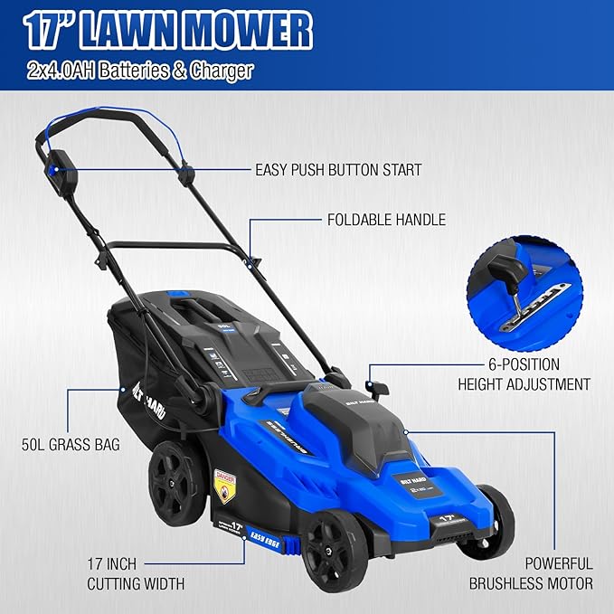 BILT HARD 40V 17" Brushless Cordless Lawn Mower, 2-in-1 Electric Lawn Mower, Push Lawnmower with 6-Position Height Adjustment, 2 x 4.0Ah Batteries & Dual Charger Included