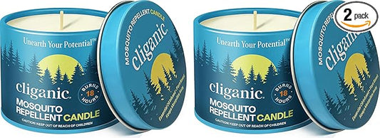 Cliganic Natural Mosquito Repellent Candle (Pack of 2) | Citronella, DEET Free, Essential Oil Infused for Outdoor, Camping | Burns 18 Hours