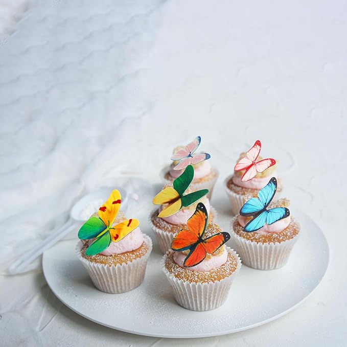 50 PCS Edible Butterfly Cupcake Toppers Butterfly Cupcake Picks Wafer Paper Butterfly Cupcake Decorations for Butterfly Theme Baby Shower Wedding Birthday Party Cake Decorations Supplies Colorful