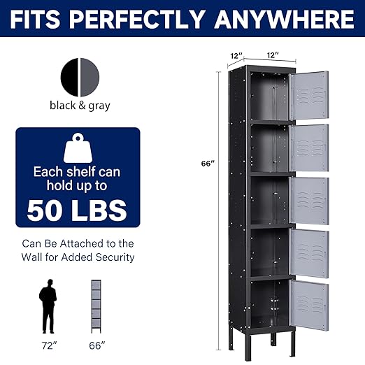 Yizosh Metal Lockers for Employees with Lock, Employees Locker Storage Cabinet with 5 Doors, Tall Steel Storage Locker for Gym, School, Office (Gray Black, 5 Door)