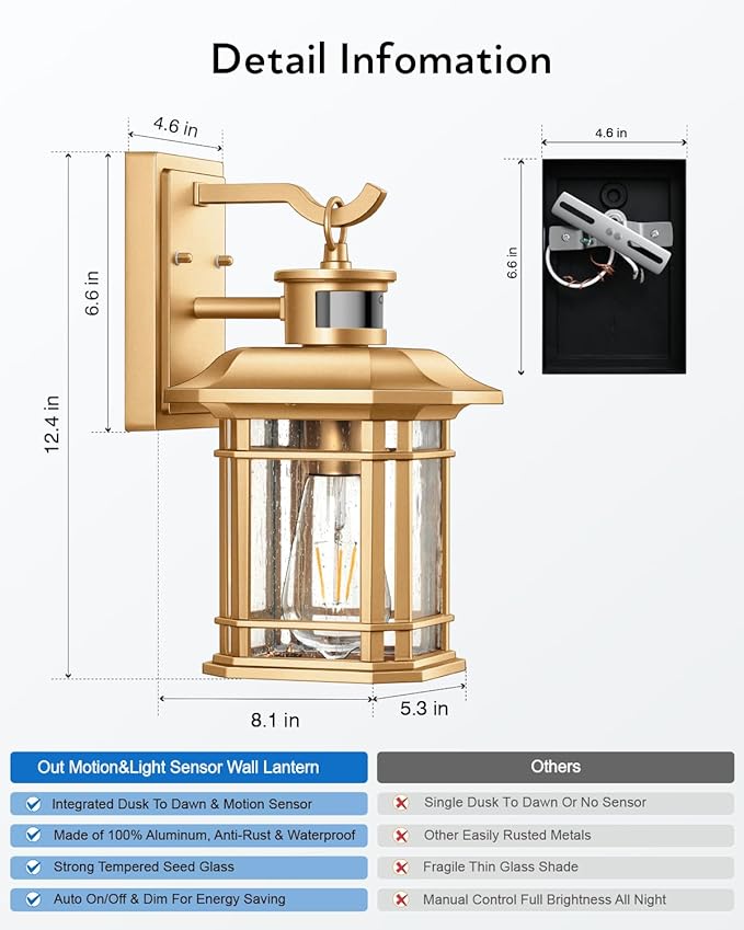 VIANIS Motion Sensor Porch Light, Gold Outdoor Light Fixture Dusk to Dawn, Outdoor Motion Sensor Light Wall Mount, Waterproof, Weather Resistant Carriage Lantern for House, Garage, Front Door
