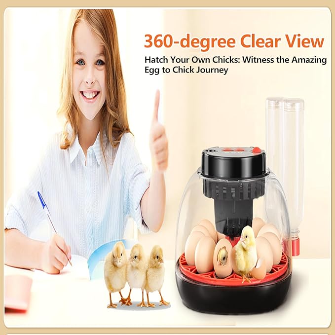 Incubators for Hatching Eggs, 12 Egg Incubator with Automatic Egg Turning and Humidity Control, Water Refill, Air Vent, 360° Viewing for Chickens Ducks Birds, Ideal for Farm, Classroom, Lab, Home Use