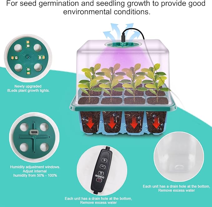 Seed Starter Tray with Grow Light, Plant Germination Starter Kit Seed Starter kit with Humidity Dome and Base for Greenhouse Grow Wheatgrass Hydroponic (Timed Seedling Tray)