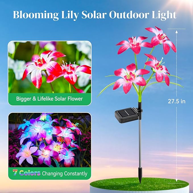 Solar Garden Lights Outdoor, 4 Pack Blooming Lily Solar Flowers Outdoor Waterproof, 7 Color Changing Bigger Flower Lights for Yard Patio Decor, Gift for Mom
