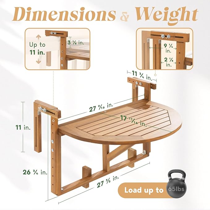 IDZO FSC Acacia Wood Folding Balcony Bar Table for Railings, Adjustable Height & Width, Teak Brush Finish Durable Against Weather, Ideal Spacious Dimension of 27 9/16 x 21 5/8 Inch, Half-Round Design
