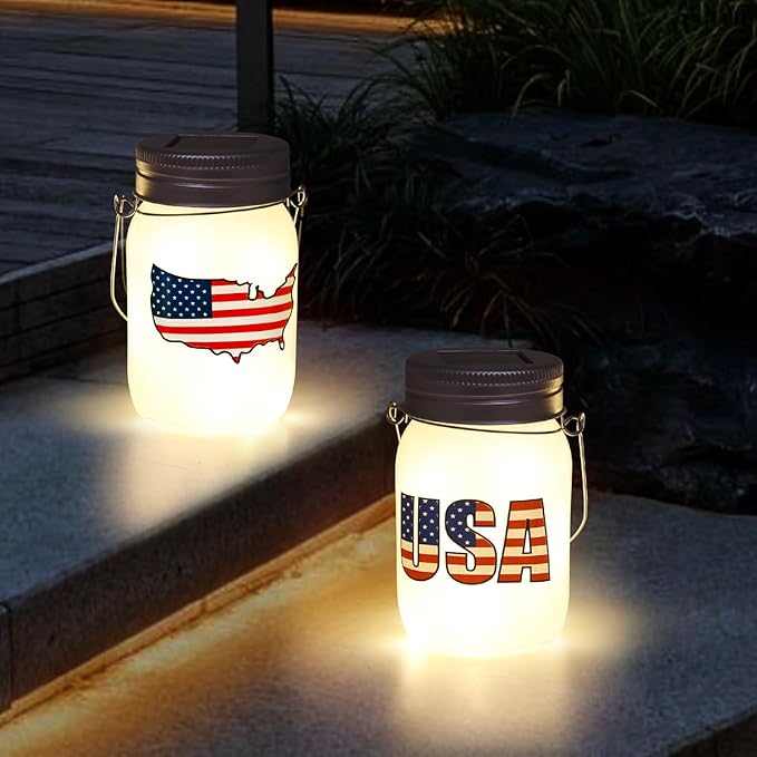 Solar Lanterns Outdoor Waterproof Tabletop - The USA Flag Outdoor Waterproof Hanging Solar Lights Glass Jar for Garden,Patio,Pathway & Yard Decor 2 Pack