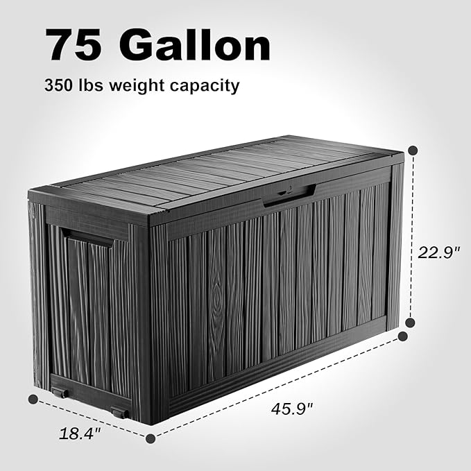 75 Gallon Resin Deck Box, Lockable Outdoor Storage Box for Patio Cushions Storage Furniture,Garden Tools, Pool Supplies, Weatherproof and UV Resistant（Black）