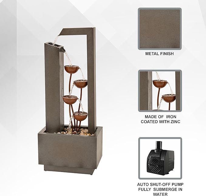 XBrand Freestanding Sculptural Metal Multi-Tiered Flower Water Fountain, No LED Lights, Gray and Bronze, 38" Tall