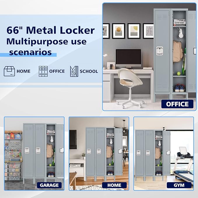 Letaya Storage Lockers with Lock Door,Metal Storage Cabinet 3 Tier with Hook for Employees, School,Gym, Home,Office(1 Door-Gray)