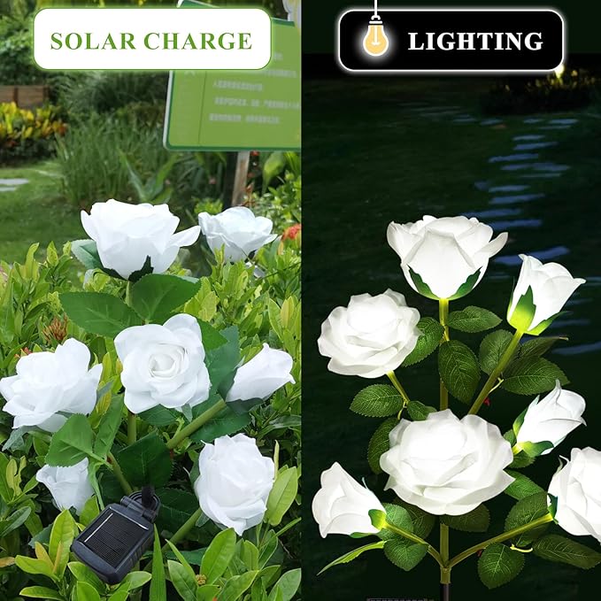 2 Pack Solar Garden Lights Outdoor, 7-Flower Rose LED Stake Light for Yard Patio Pathway Lawn Fence Cemetery, White