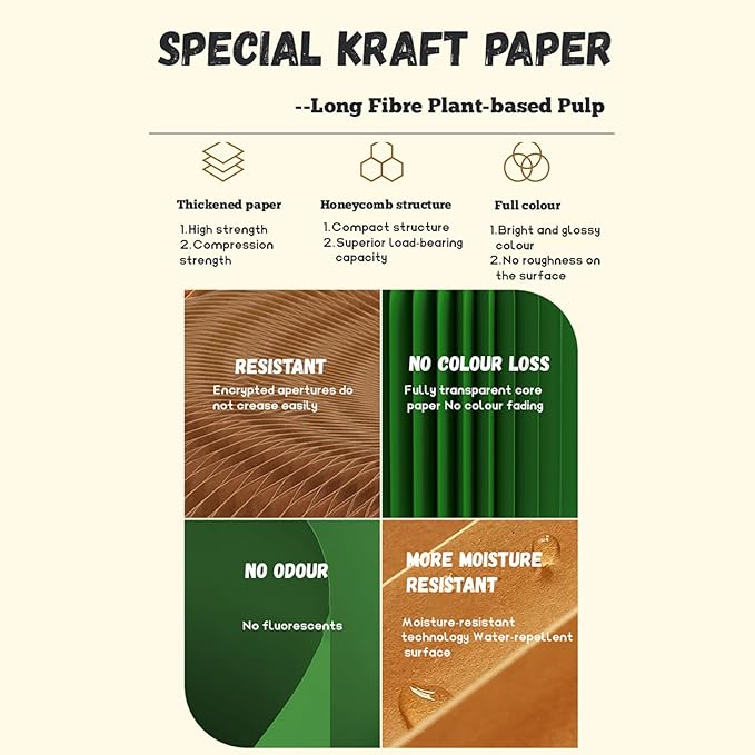 Foldable Kraft Paper Stool, Honeycomb Accordion Folding Bench, Collapsible Paper Stool for Small Spaces, Portable Footrest and Side Table for Living Room and Office,Brown-44×31×600cm