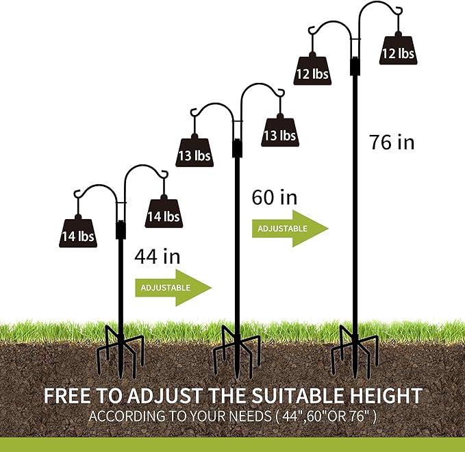 XDW-GIFTS Double Shepherds Hooks for Outdoor, 2-Pack Heavy Duty Garden Pole for Hanging Bird Feeder, Plant Baskets, Solar Light Lanterns, Garden Plant Hanger Stands with 5 Base Prongs