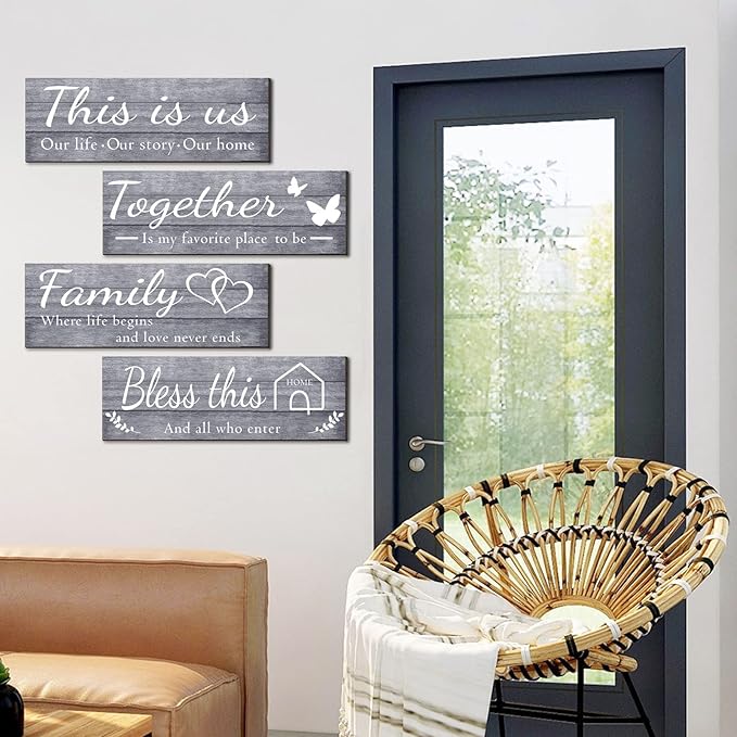Joyhawk 4 Pieces Wall Decor Signs, THIS IS US, TOGETHER, BLESS THIS HOME, FAMILY Rustic Wooden Farmhouse Wall Art Décor For Living Room Bedroom Kitchen, , 4.7 x 13.8 Inch(Grey)