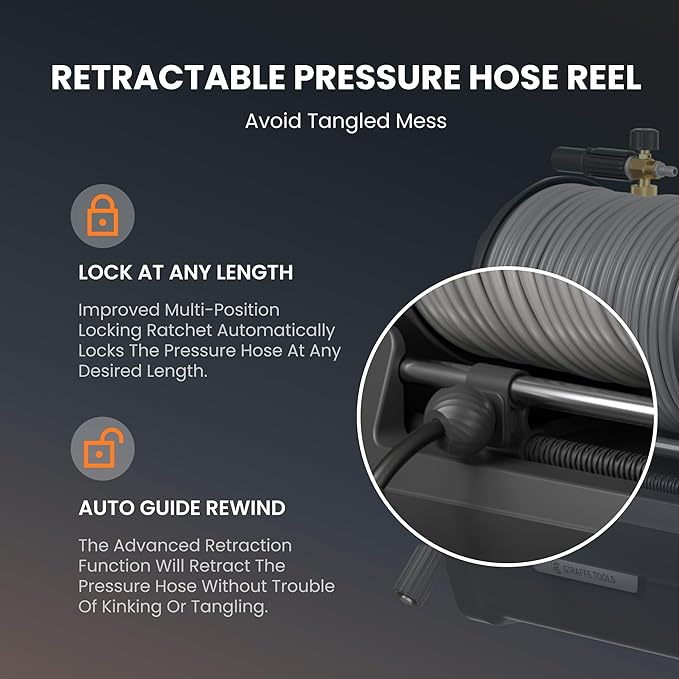 Giraffe Tools Grandfalls Pressure Washer Plus+, Electric Wall Mount Power Washer with 100FT Ultra-Soft Pressure Hoses, 2900PSI, 2.2GPM, 4 Nozzles, Foam Cannon for Cars/Patios, Dark Silver