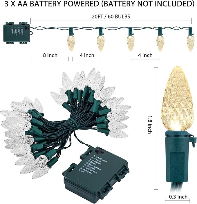 2PC C6 Led Christmas String Lights, 60 Led 20FT Battery Operated Strawberry Lights, Waterproof 8 Lighting Modes Fairy Lights for Indoor Outdoor Patio Garden Party X-mas Decoration(Warm White)