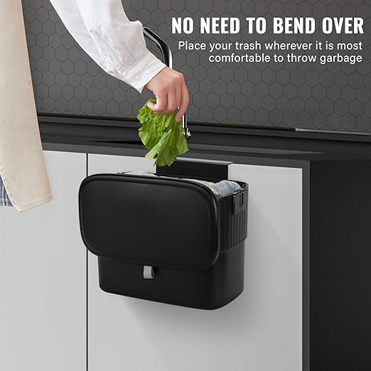 ELPHECO Kitchen Compost Bin with Lid 1.8 Gallon Hanging Trash Can with Lid, 7 Liter Wall-Mounted Garbage Can for Kitchen Cabinet Door, Small Under Sink Trash Can for Counter Top, Bathroom, Black