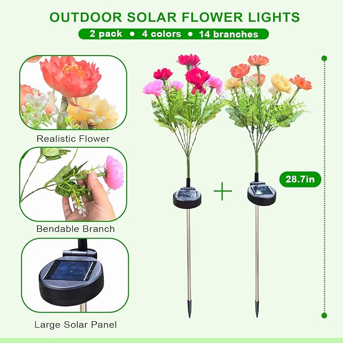 Solar Flowers Lights, 2 Pack Solar Garden Lights with 14 Blooming Flowers, Waterproof Solar Outdoor Fairy Lights for Outside Yard, Garden, Pathway, Walkway, Patio, Lawn, Cemetery, Grave Decor
