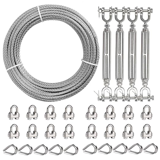 1/4" Wire Rope Kit, 100ft Stainless Steel Cable with 4Pcs 1/4 Turnbuckle, Clamp & Thimble, 7x19 Strands Heavy Duty Metal Cable,1400 lbs Load Limit, Turnbuckles for Cables Wire, Zipline