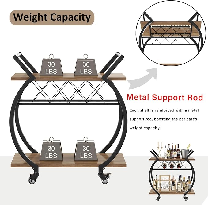 LVB Bar Cart with Wine Rack, 2 Tier Kitchen Cart on Wheels, Modern Wood and Metal Portable Coffee Cart Table for Home, Utility Industrial Mobile Serving Cart with Storage Shelf, Rustic Oak