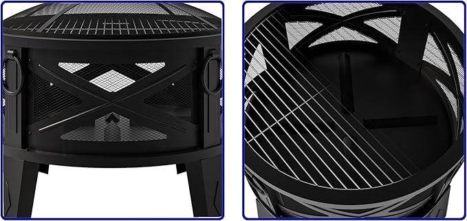 Fire Beauty 26"Steel Fire Pit with Grill Grate&Spark Screen,360° Airflow Boost Technology,Less Smoke,Larger Flames,Heavy-Duty Portable Camping Fire Pit for Backyard,Beach,RV (22lbs,4 Handles,Dual-Use)