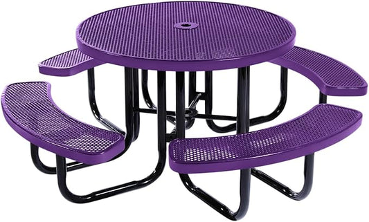 Heavy-Duty Portable Outdoor Picnic Table with Umbrella Hole, Punched Steel Commercial-Grade Patio Dining Furniture Made in America (46" Round Top, Textured Purple)