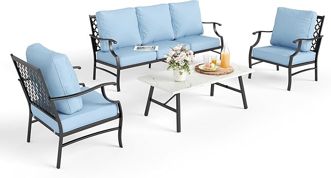 Patio Furniture Set 4 pcs, Metal Outdoor Patio Furniture, 3-Seat Sofa, 2 Single Chairs, Metal Coffee Table and 5.75" Extra Thick Cushion, Patio Conversation Set for Garden Backyard Deck,Blue