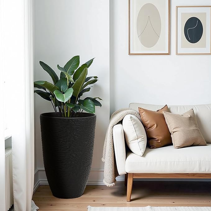 WORTH Garden 2-Pack 21" H. Black Tall Planters with Inside Pots - 14'' Dia Plastic Large Round Plant Tree Pots - Decorative Imitation Stone Finish for Indoor Outdoor Front Porch Container Patio