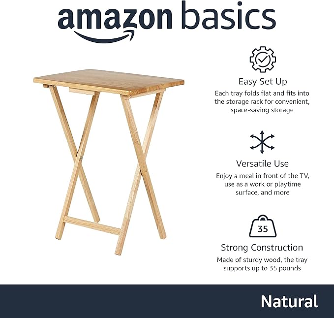 Amazon Basics Classic Foldable TV Dinner Tray Table with Storage Rack, 14.6 L x 19 W x 26 H inch, Natutral, 4-Pack
