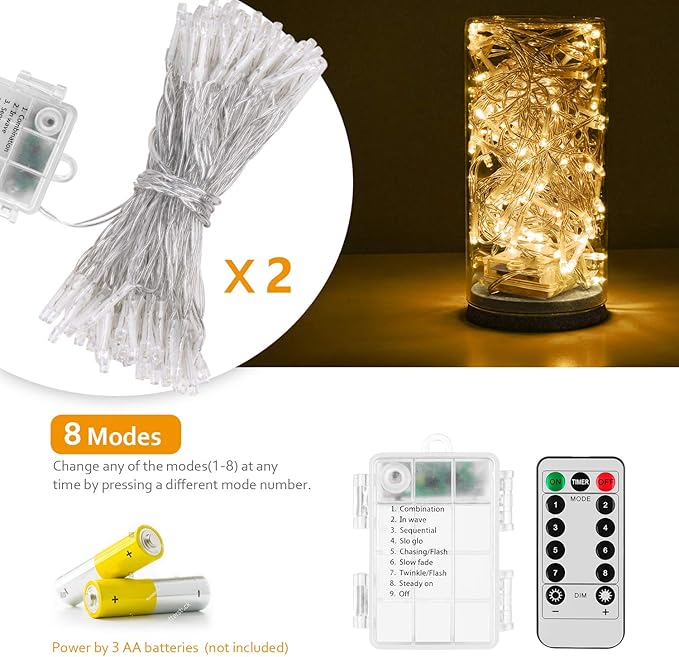 2 Pack Battery Operated String Lights with Remote Timer Waterproof 8 Modes 16.4ft 50 LED String Lights for Bedroom,Garden,Party,Xmas Tree Indoor Outdoor Decorations, Warm White
