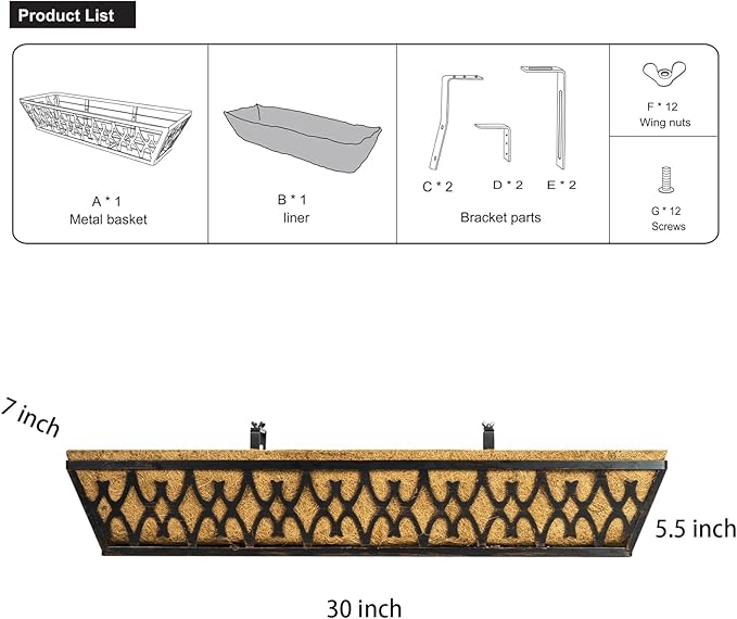Window Boxes Planters: 2 Pack 30 Inch Railing Planter Box with Adjustable Brackets for Porch Fence Patio Balcony Hanging Flower Baskets with Coco Liners for Outdoor Garden Decor - Bronze