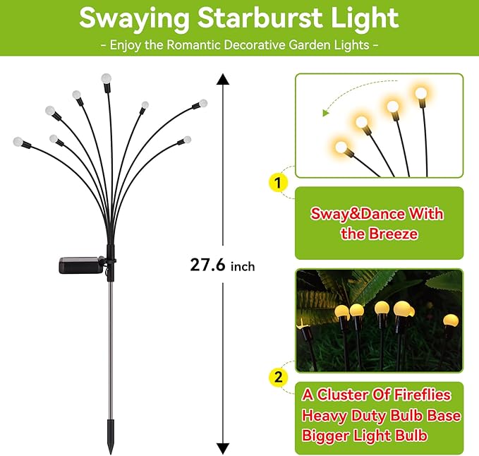 Solar Garden Lights Outdoor Waterproof, 6 Pack 48 LED Decorative Swaying Lights, Solar Firefly Light Outdoor Decor for Garden Gifts for Pathway Party Christmas, Warm White