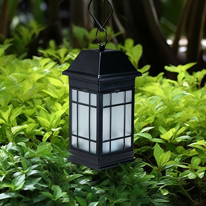14" Solar Lantern Outdoor Waterproof, Glass Flickering Flame Solar Lanterns, Hanging Metal Lantern Decorative for Patio Front Porch Garden Backyard Tabletop Mothers Day Gifts Mom