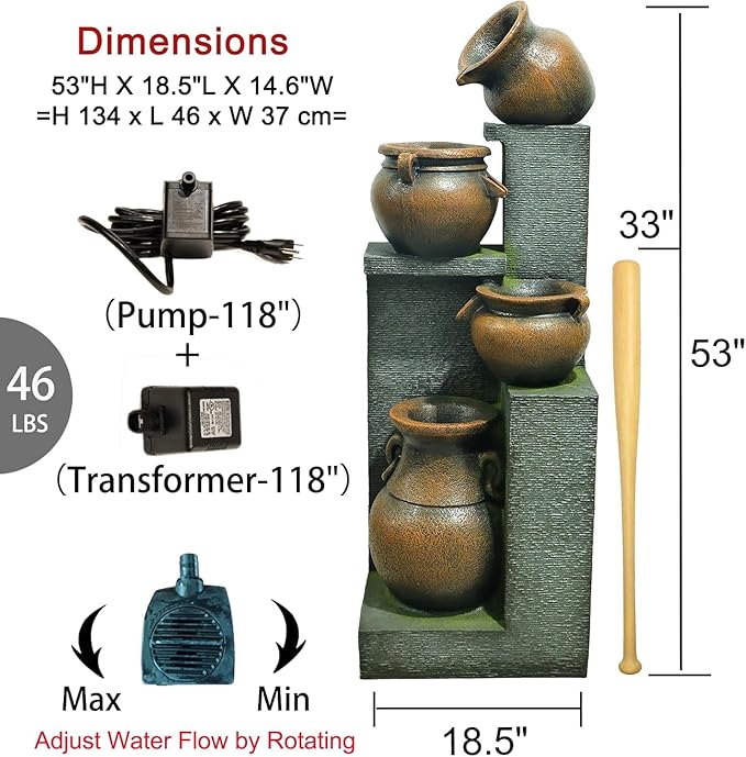 53" H Large Outdoor Water Fountain with Lights - 4 Tiered Cascading Bowls Waterfall Fountain for Garden, Patio, Backyard, Porch Inside - Freestanding Outdoor Water Feature Gold