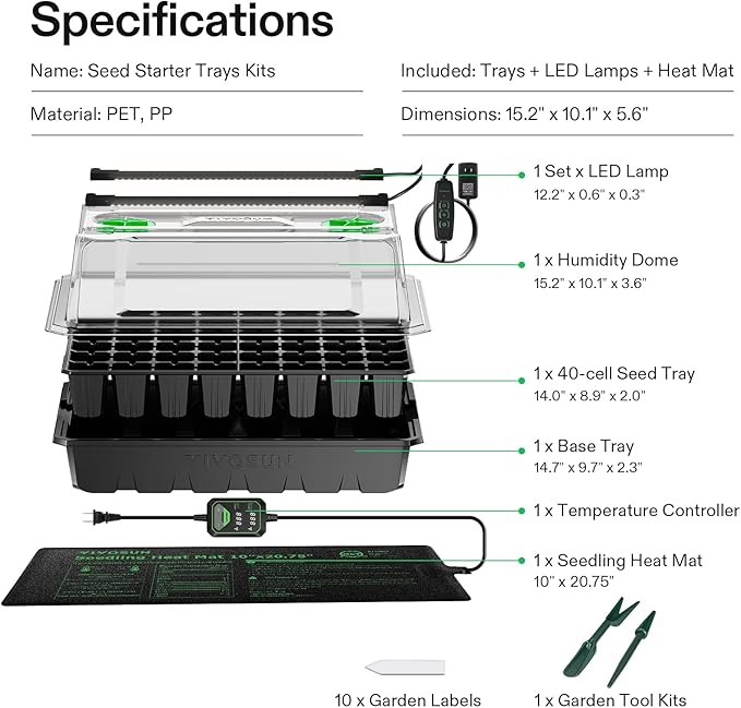 VIVOSUN 1-Pack 40-Cell Seed Starter Trays with 1 Set of LED Lights and 10"x20.75" Seedling Heat Mat, 3.6" Higher Cover, Adjustable Vents, Drainage Holes, Green Propagation Tray for Planting Seeds